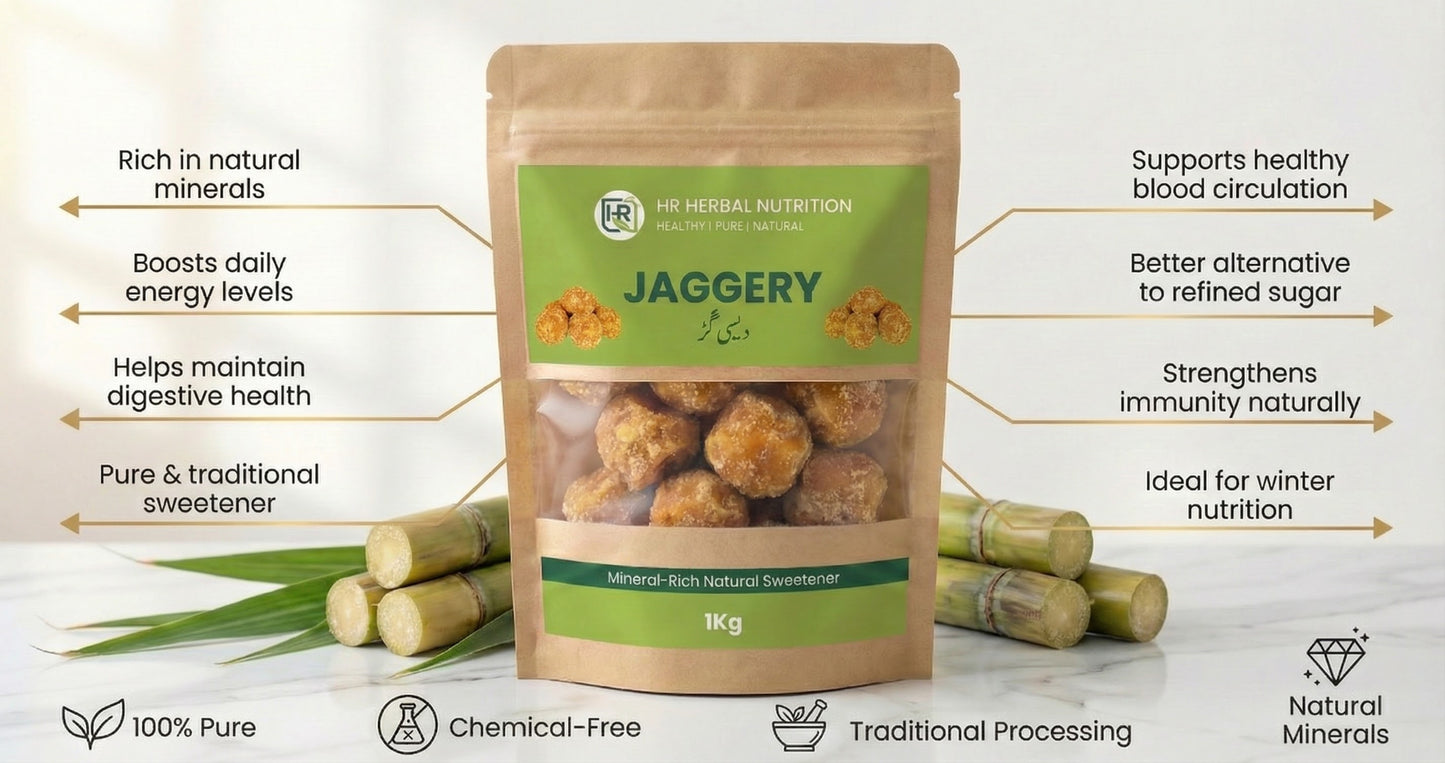 HR Herbal Nutrition Jaggery (Ghur)– 100% Natural Sugarcane Sweetener | Mineral-Rich | Chemical-Free | 1 Kg