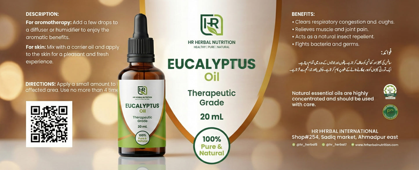 HR Herbal Nutrition Eucalyptus Oil – 100% Pure & Natural | Therapeutic Grade | Chemical-Free | 20 ml